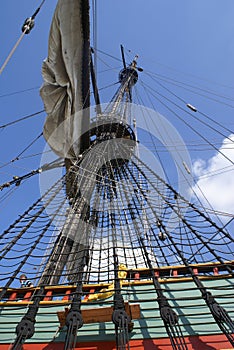 Masts with sails on a large sailing ship