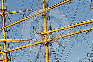 Masts, yards, cables and rigging of a large sailing ship