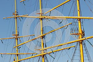 Masts, yards, cables and rigging of a large sailing ship