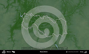 Masty District outlined, Belarus. Physical