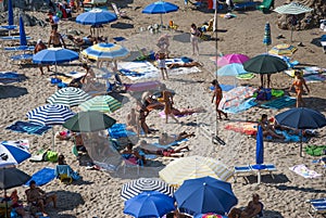 Masua Beach, Italy - August 19: Masua Beach in Nebida crowed in