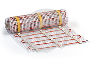 Mat electric floor heating system isolated on white. Heated warm floor. Underfloor heating