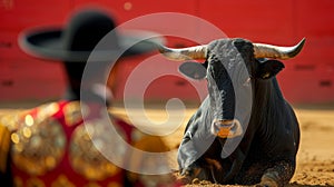 A matador in an intense standoff with a bull in the arena, under the play of shadows and sunlight.