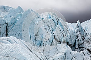 Matanuska Glacier icefall on gray day in Alaska