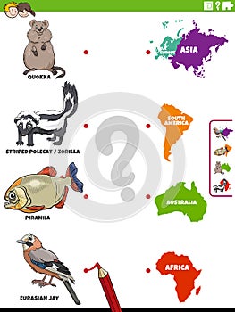 Match animal species and continents educational activity