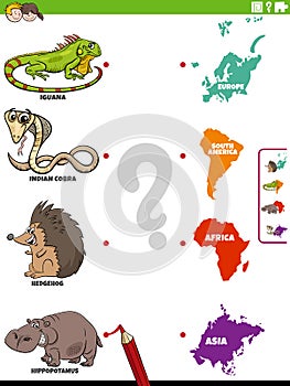 Match animal species and continents educational game