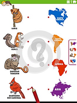 Match animal species and continents educational game