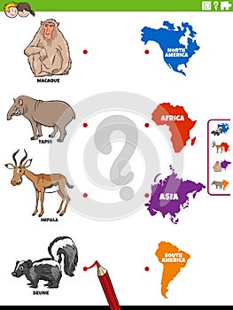 Match animal species and continents educational task