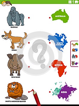 Match animal species and continents educational task
