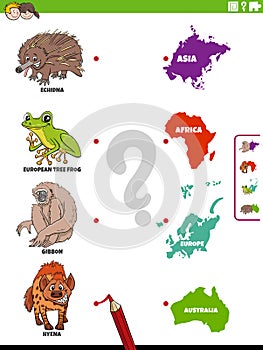 Match animal species and continents educational task