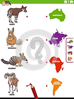 Match animal species and continents educational task