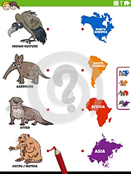 Match animal species and continents educational task