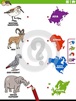 Match animal species and continents educational task