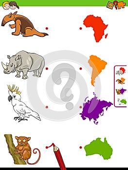 Match animals and continents educational game for kids