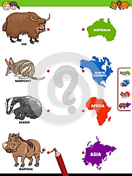 Match animals and continents educational game for kids