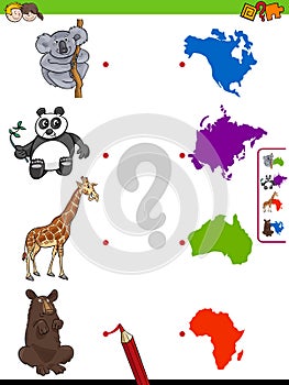 Match animals and continents educational task