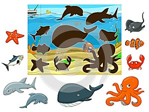 Match the animals and fish to their shadows photo