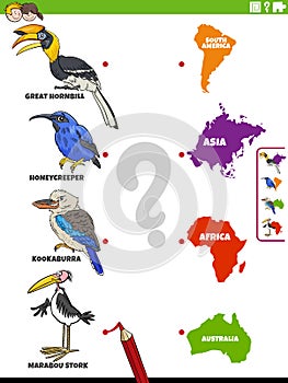 Match cartoon bird species and continents educational task