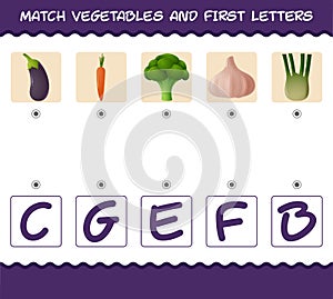 Match cartoon vegetables and first letters. Matching game. Educational game for pre shool years kids and toddlers