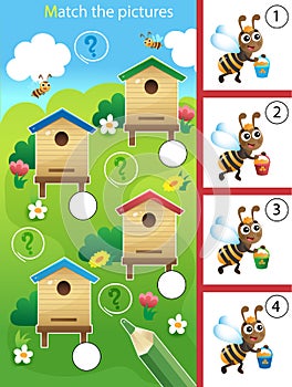 Match by color. Puzzle for kids. Matching game, education game for children. Bees and beehives. Worksheet for preschoolers
