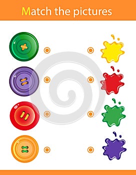 Match by color. Puzzle for kids. Matching game, education game for children. Buttons. What color are the objects? Worksheet for