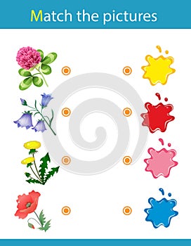 Match by color. Puzzle for kids. Matching game, education game for children. Flowers. What color are the objects? Worksheet for