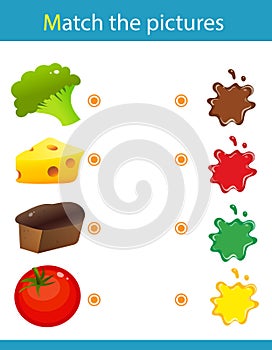 Match by color. Puzzle for kids. Matching game, education game for children. Food. What color are the objects? Worksheet for