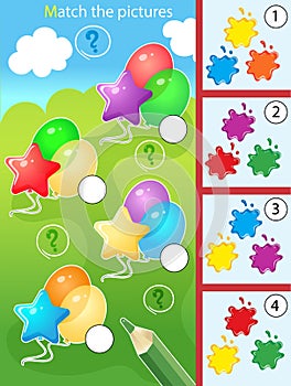 Match by color. Puzzle for kids. Matching game, education game for children. Multicolor balloons. Worksheet for preschoolers