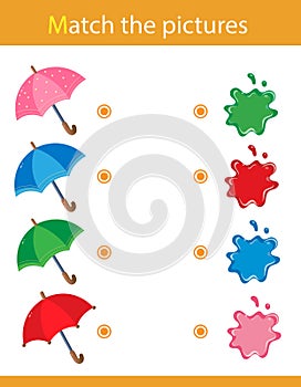 Match by color. Puzzle for kids. Matching game, education game for children. Umbrellas. What color are the objects? Worksheet for