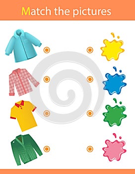 Match by color. Puzzle for kids. Matching game, education game for children. What color are the clothes? Worksheet for