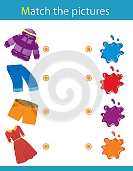 Match by color. Puzzle for kids. Matching game, education game for children. What color are the clothes? Worksheet for