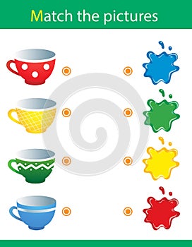 Match by color. Puzzle for kids. Matching game, education game for children. What color are the cups?  Worksheet for preschoolers