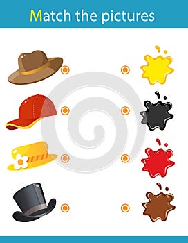 Match by color. Puzzle for kids. Matching game, education game for children. What color are the hats? Worksheet for preschoolers