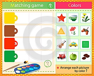 Match by color. Puzzle for kids. Matching game, education game for children. What color are the items? Worksheet for preschoolers