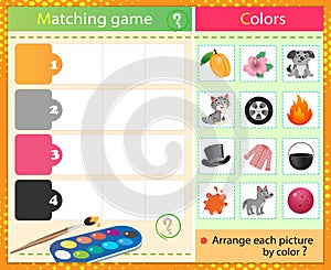 Match by color. Puzzle for kids. Matching game, education game for children. What color are the items? Worksheet for preschoolers