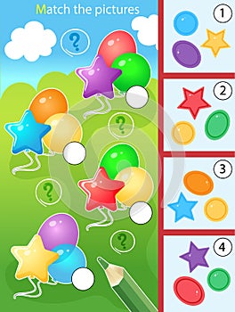 Match by color and shape. Puzzle for kids. Matching game, education game for children. Multicolor balloons. Worksheet for