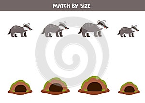 Match cute badgers and burrows by size. Educational logical game for kids