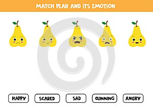 Match cute cartoon pear and its emotion. Educational game for kids