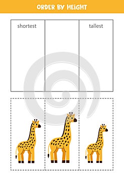 Match cute giraffes by height. Educational worksheet for kids.