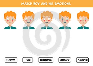 Match face expressions of boy with emotions. Logical worksheet