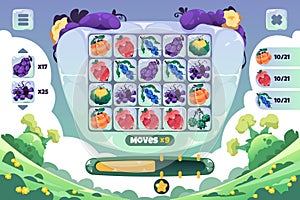 Match 3 game screen. Gameplay UI of cartoon fantasy fruits puzzle game, 2D interface layout mockup with colorful icons photo