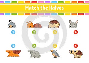 Match the halves. Education developing worksheet. Animal theme. Matching game for kids. Color activity page. Riddle for children.