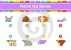 Match the halves. Education developing worksheet. Animal theme. Matching game for kids. Color activity page. Riddle for children.
