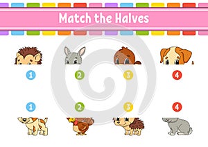 Match the halves. Education developing worksheet. Animal theme. Matching game for kids. Color activity page. Riddle for children.