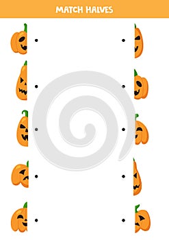 Match halves of Halloween jack o lantern pumpkins.
