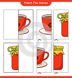 Match the halves. Match halves of Jam and Coffee Cup. Educational children game, printable worksheet, vector illustration