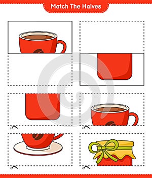 Match the halves. Match halves of Jam and Coffee Cup. Educational children game, printable worksheet, vector illustration