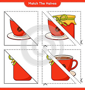 Match the halves. Match halves of Jam and Coffee Cup. Educational children game, printable worksheet, vector illustration