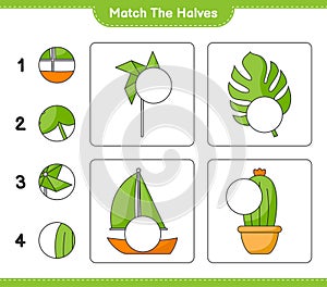Match the halves. Match halves of Pinwheels, Cactus, Monstera, and Sailboat. Educational children game
