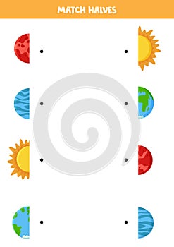 Match halves of Solar system planet and Sun. Logical game for children.